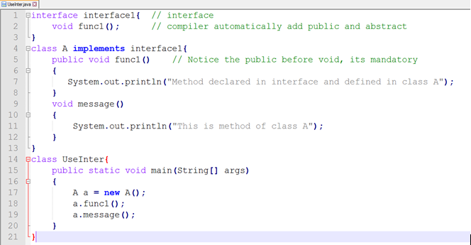 This image describes a program supporting the concept of interfaces under abstraction in java.